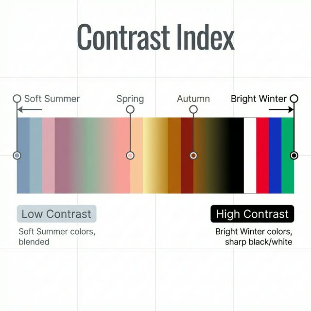 Contrast Index Scale gradient from Low Contrast (Soft Summer) to High Contrast (Bright Winter). Markers indicate season placement.