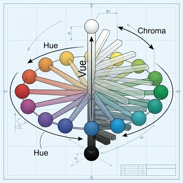 3D Munsell Color Tree Schematic showing the three dimensions of color: Hue (Rotation), Value (Vertical Axis), and Chroma (Radial Distance).