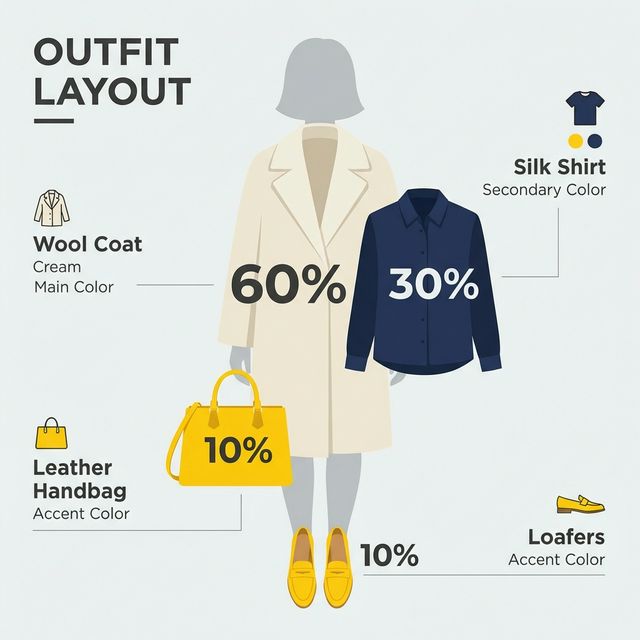 Infographic of the 60-30-10 Rule: Coat (60% Main), Shirt (30% Secondary), Bag (10% Accent). Diagram overlay on an outfit.