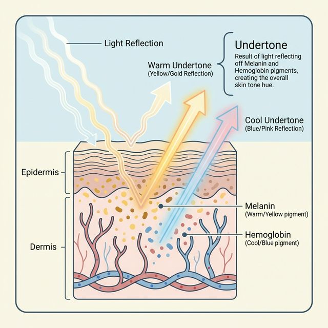 Cross-section biology diagram of skin layers showing how Melanin (Warm) and Hemoglobin (Cool) pigments reflect light to create Undertone.