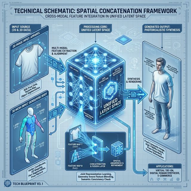 Technical schematic of Spatial Concatenation: Garment input + DensePose body mesh fused into a Unified Latent Space to generate photorealistic output.
