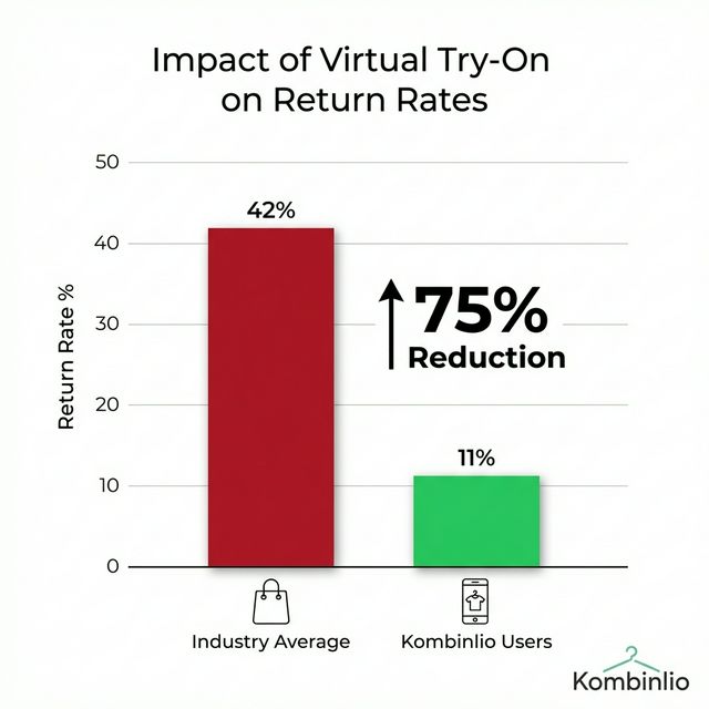 Bar chart showing Virtual Try-On Impact: Industry Average Return Rate (40%) vs Kombinlio User Return Rate (10%), indicating a 75% reduction.