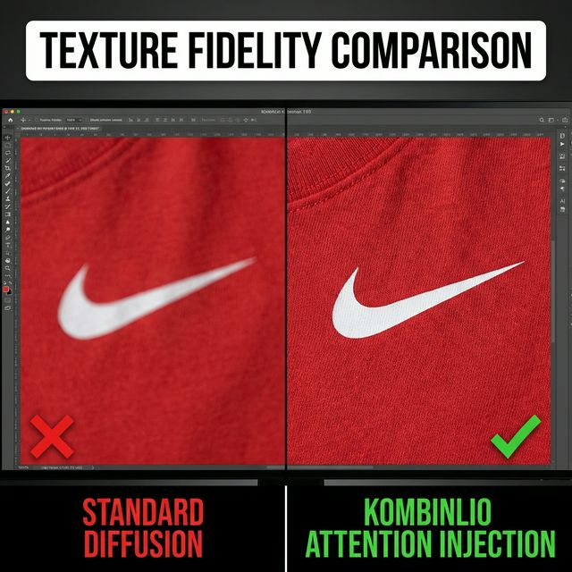 Split screen comparison: Standard Diffusion shows blurry Nike logo (Red X). Kombinlio Attention Injection shows crisp, sharp logo with visible fabric weave (Green Check).