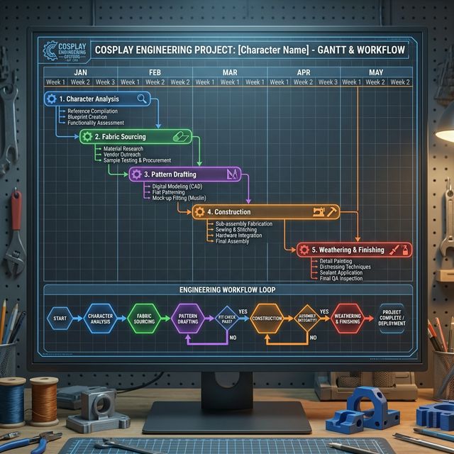 Gantt Chart for Cosplay Engineering: Character Analysis -> Sourcing -> Drafting -> Construction -> Weathering.