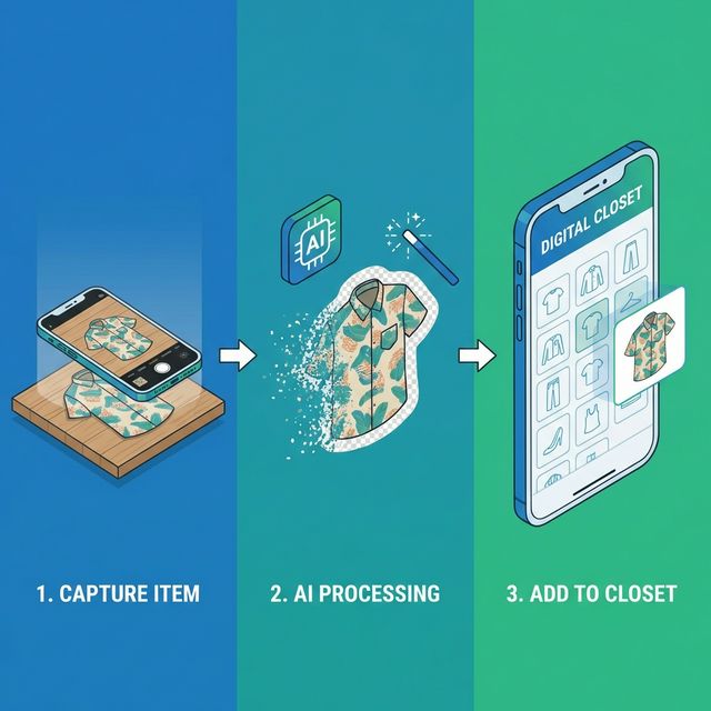 3-Step Workflow for Digitizing a Closet: 1. Capture Item (Flat Lay), 2. AI Processing (Background Removal), 3. Add to Digital Grid.