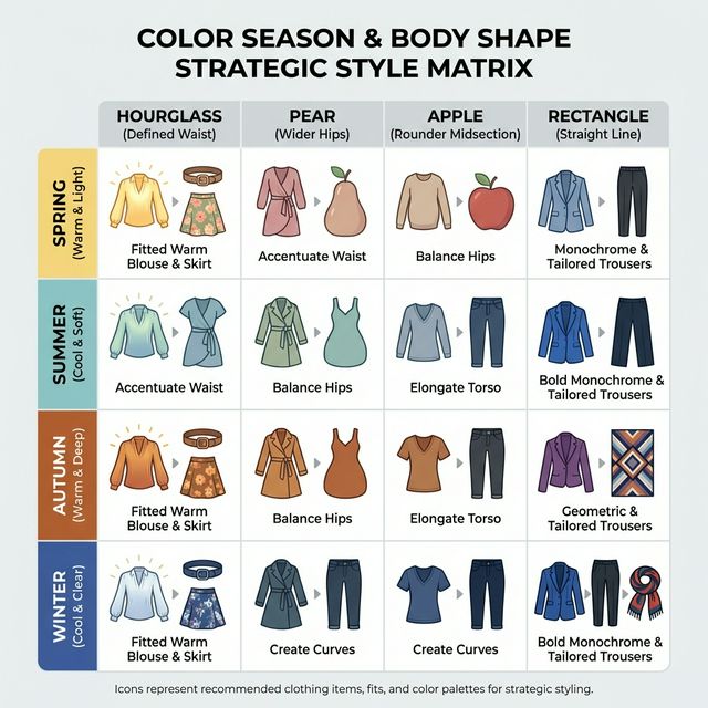 Strategic Matrix combining Color Seasons and Body Shapes. Intersections show specific styling keys for each combination.