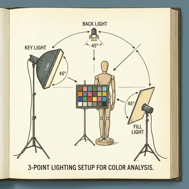 3-Point Lighting Setup Diagram: Key Light, Fill Light, and Backlight positioned at 45-degree angles for accurate color rendering.