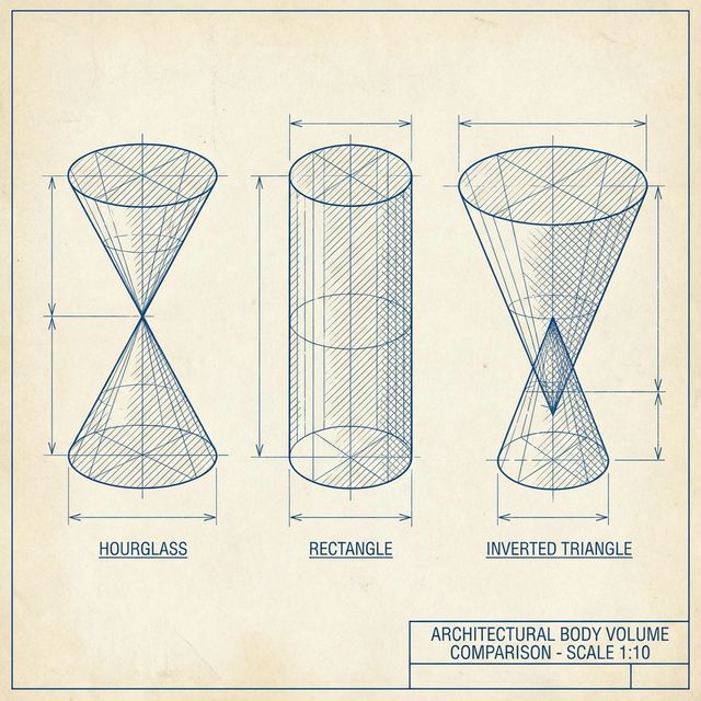 3D Wireframe comparison of body volumes: Hourglass (Cones), Rectangle (Cylinder), Inverted Triangle (Inverted Cone).