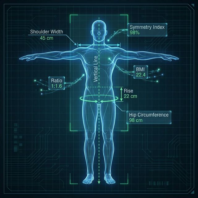 Schematic of style DNA biometrics: Shoulder width, vertical line, and rise measurements forming a unique data signature.