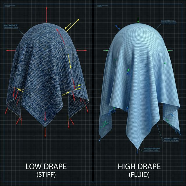 Physics simulation of fabric drape: Low Drape (Stiff Denim) vs High Drape (Fluid Silk) on a spherical collider.