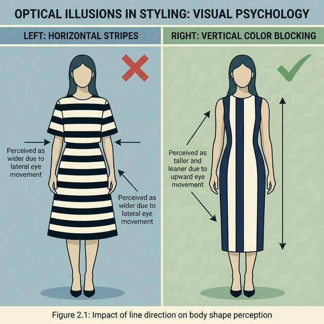 Optical Illusion Diagram: Horizontal lines widen the figure (Bad), Vertical lines elongate the figure (Good).