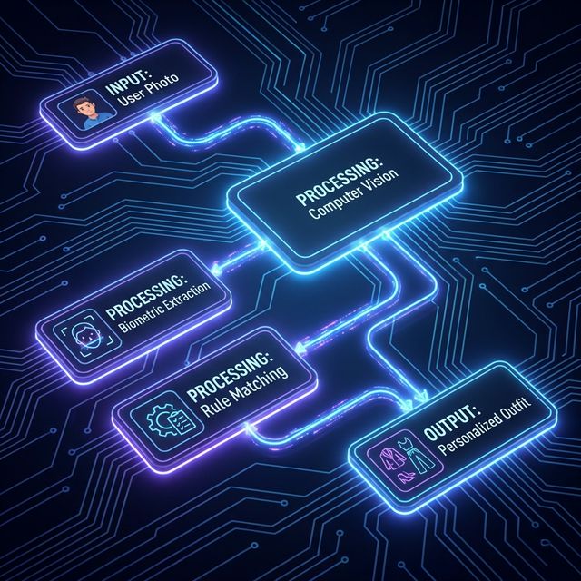 Flowchart of the Kombinlio Style DNA Algorithm: Input Photo -> Computer Vision Analysis -> Rule Matching -> Output Outfit.
