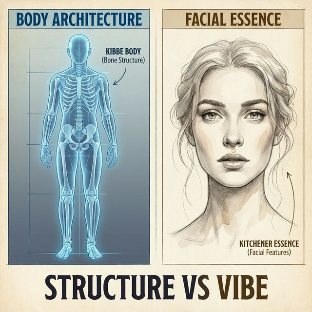Comparison of Body Architecture (Kibbe Bone Structure) vs Facial Essence (Kitchener Features). Text: Structure vs Vibe.