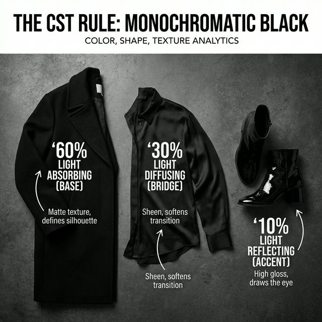 An all-black outfit diagram applying the CST Rule: Wool Coat (Absorbing), Silk Shirt (Diffusing), Patent Boots (Reflecting).
