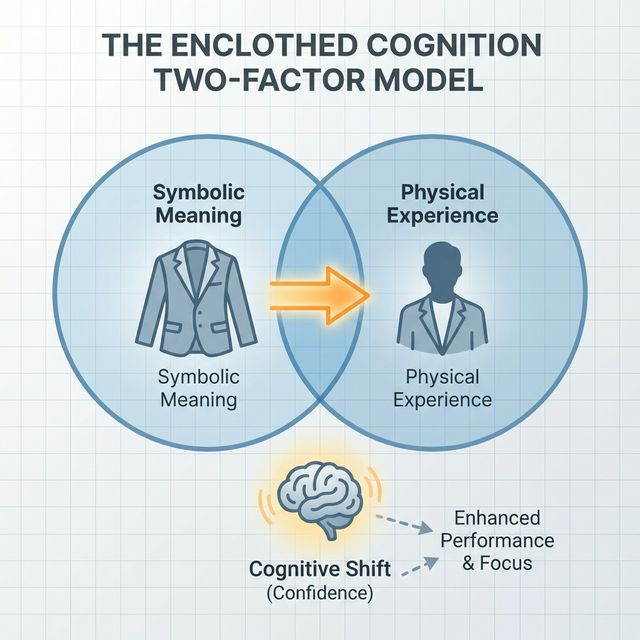 Schematic of the Two-Factor Enclothed Cognition Model: Symbolic Meaning + Physical Experience = Cognitive Shift.
