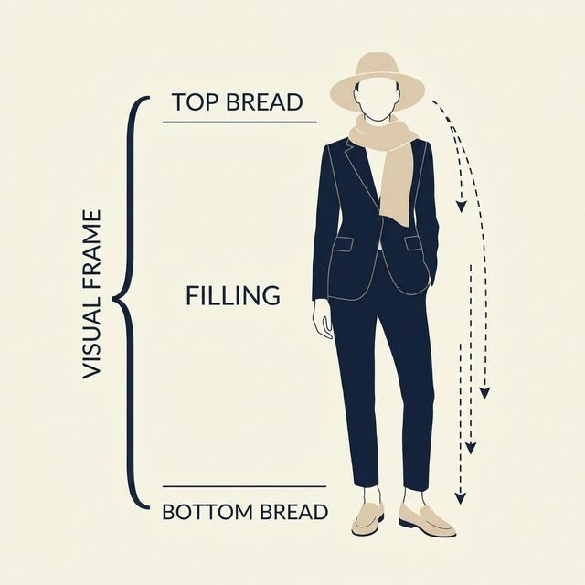 Fashion silhouette showing the Sandwich Method: Top Bread (Hat/Scarf) matches Bottom Bread (Shoes) to frame the Filling (Suit).