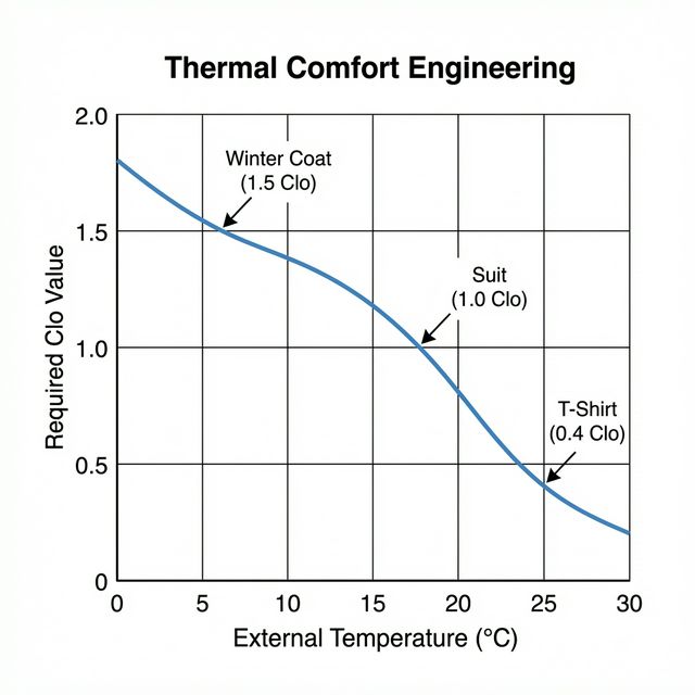 Line graph of Thermal Comfort Engineering showing required Clo Value dropping as External Temperature rises.
